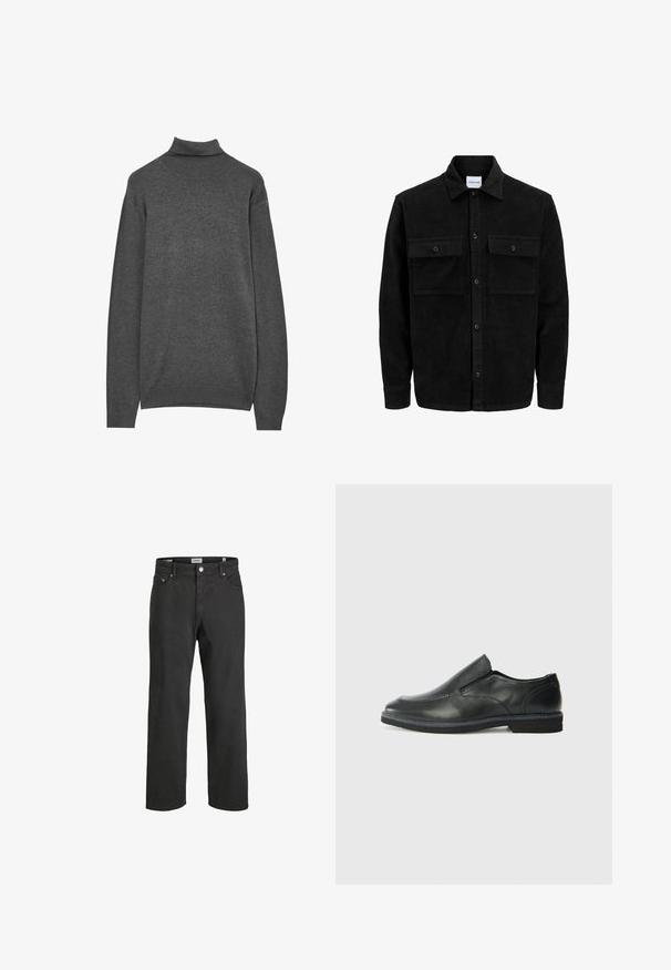 Giacca in corduroy nera con bottoni, due tasche anteriori con patta, colletto classico, maniche lunghe e texture a coste.; Maglione grigio a dolcevita realizzato in tessuto a maglia testurizzata. Presenta maniche lunghe e polsini a costine, con una vestibilità aderente attorno al collo.; Jeans neri a gamba dritta realizzati in cotone, con un classico design a cinque tasche, chiusura con bottone e dettagli di cucitura discreti.; Scarpa nera in pelle con inserto scivolare, superiore liscio, dettagli cuciti, punta arrotondata e tacco in gomma basso. La suola presenta un battistrada minimale.