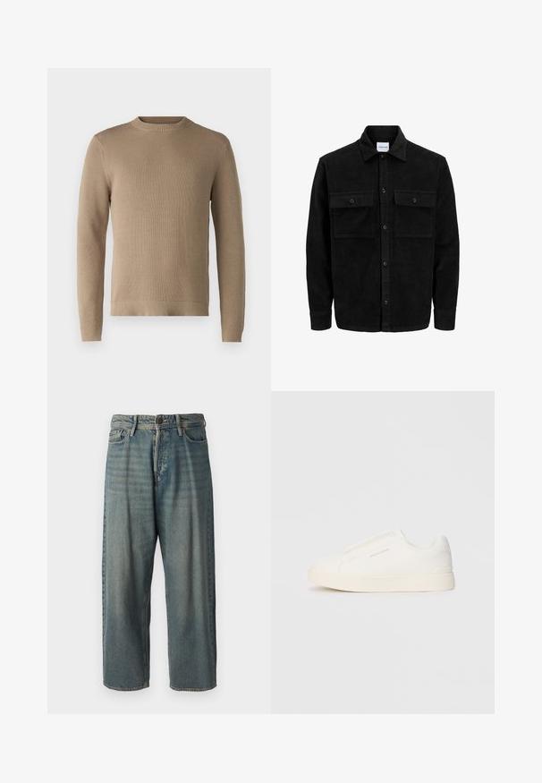 Juodas velveto mygtukų švarkas su dviem priekiniais kišenėmis su atvartais, klasikiniu apykakle, ilgomis rankovėmis ir raukšlėtu paviršiumi.; Bežinis megztinis su apvalia iškirpte, raukiniais rankovėmis ir apačia, pagamintas iš tekstūrinės medžiagos, be raštų ar akcentų.; Šviesiai mėlyni džinsai su laisvu siluetu, vidutinio aukščio juosmeniu ir tiesiomis kojomis. Su penkiais kišenėmis, diržo kilpo ir mygtukų uždarymu.; Baltos slip-on sportbačiai su tekstūruota paviršiumi, storesniu padu ir minimalistišku dizainu. Šone matosi prekės ženklo logotipas.