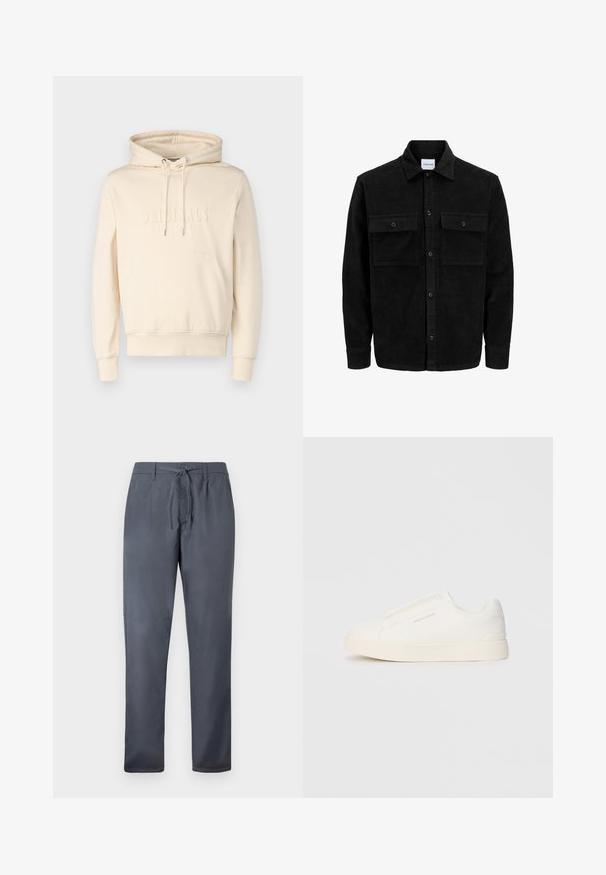 Melnas kordūru pogu jaka ar divām priekšējām atloka kabatām un klasisku apkakli, garām piedurknēm un ribotu tekstūru.; Kremlīgas krāsas kapuce ar auklēm, priekšējo kabatu un reljefa tekstu "ORIGINALS". Mīksts audums ar brīvu piegriezumu. Ribotas piedurknes un apakšmala.; Pelēki bikses, kas izgatavotas no gludas auduma, ar šņorēšanas aizdari un sānu kabatām. Taisnas kājas forma ar tīru apdari.; Baltas slip-on sporta apavi ar teksturētu virsmu, biezu zoli un minimālistisku dizainu. Sānos redzams zīmola logotips.