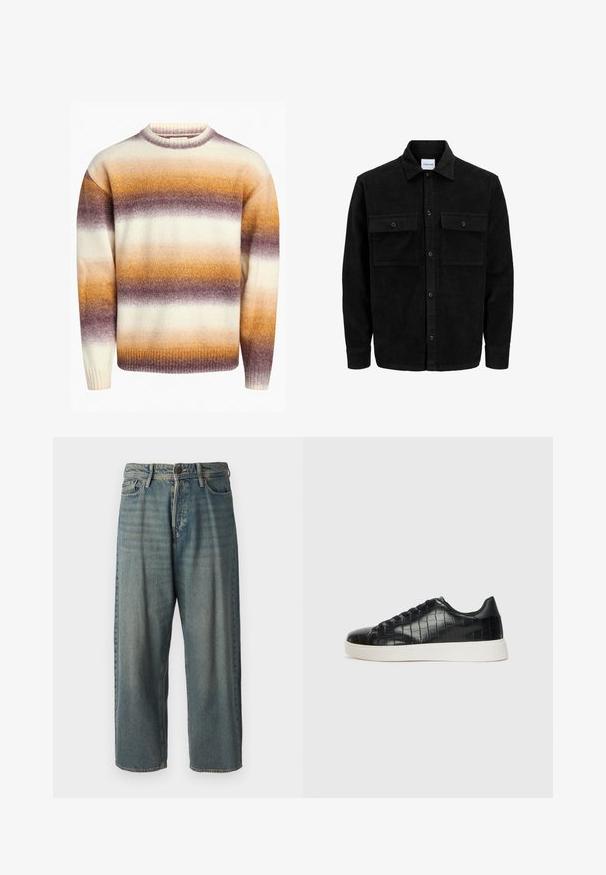 Schwarze Corduroy-Button-Up-Jacke mit zwei frontalem Klappentaschen und klassischem Kragen, langen Ärmeln und gerippter Textur.; Redefined Rebel JOSEPH BOXY FIT - Strickpullover - caramel cafe; Helle blaue Denim-Jeans mit lockerer Passform, mittelhoher Taille und geraden Beinen. Hat fünf Taschen, Gürtelschlaufen und einen Knopfverschluss.; Schwarze Sneakers mit einer strukturierten, krokodilPrägung aus Leder, runder Zehenpartie und einer kontrastierenden weißen Gummisohle mit glatter Oberfläche.