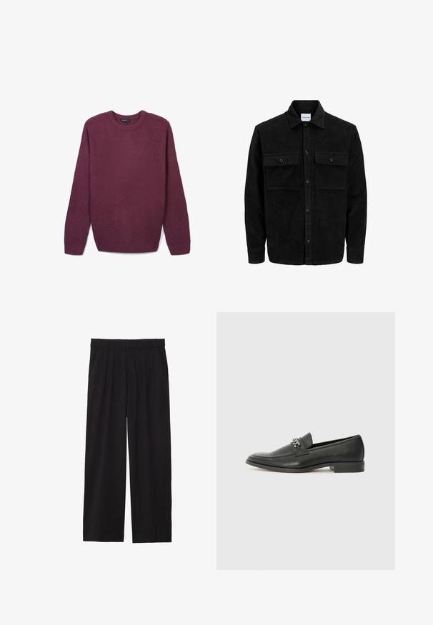 Schwarze Corduroy-Button-Up-Jacke mit zwei frontalem Klappentaschen und klassischem Kragen, langen Ärmeln und gerippter Textur.; Langarm-Crewneck-Pullover aus strukturiertem Strickstoff in Dunkelpflaumenfarbe mit gerippten Bündchen, Saum und Kragen.; Schwarze, weite Hose mit gefälteltem Vorderteil, seitlichen Taschen und einer glatten Stoffstruktur. Entworfen für eine entspannte Passform.; Schwarzer Lederloafer mit glatter Oberfläche, ausgestattet mit einer gesteppten Gestaltung und einem dekorativen Metallkettendetail über dem Vorderblatt. Flacher Absatz.