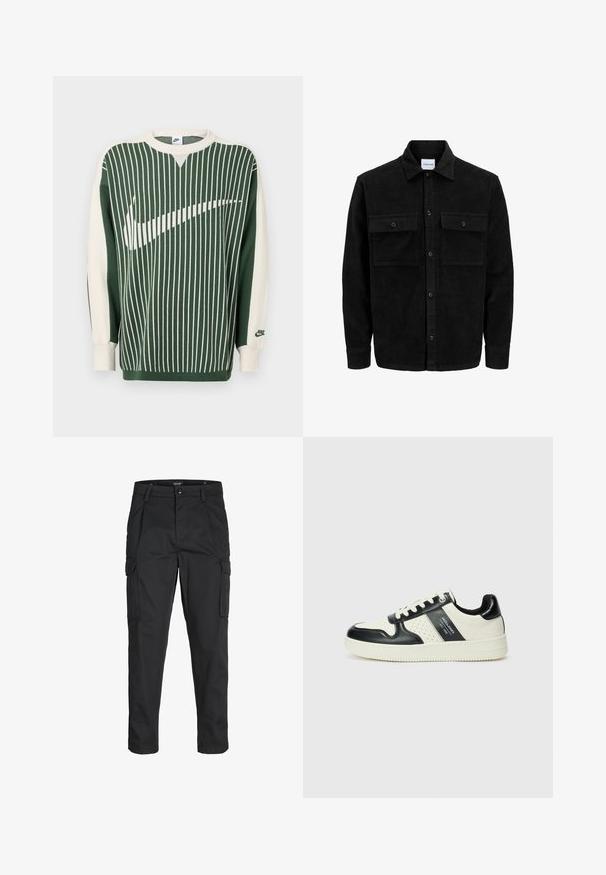Crni kožni kord jakna na dugmad s dva prednja džepa s preklopom i klasičnim ovratnikom, dugim rukavima i rebrastom teksturom.; Zeleni i krem džemper od pletenine s okomitim prugama, s velikim bijelim Nike logotipom, rebrastim manžetama i okruglim izrezom na vratu.; Crne cargo hlače izrađene od čvrstog materijala, s brojnim džepovima, kopčanjem na gumb i dizajnom koji pomaže da se prilagode tijelu sa suženim nogavicama.; Kožne tenisice s crno-bijelom paletom boja, koje imaju perforirane akcentne detalje, podstavljeni ovratnik i teksturiranu potplat.