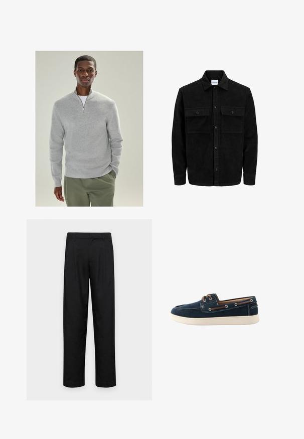 Čierna kordúrová bunda s gombíkmi, dvoma prednými vreckami so záklopkou a klasickým golierom, dlhými rukávmi a ryhovanou textúrou.; Svetlosivý pletený pulover s golierom na štvrť zips, rebrovanou textúrou a dlhými rukávmi, skombinovaný s olivovozelenými nohavicami.; Čierne nohavice vyrobené z hladkej tkaniny, s rovnými nohavicami, dvoma prednými skladmi a štandardným pásom s pútkami na opasok.; Námornícky modré lodné topánky vyrobené z tkaniny s bielym prešívaním a gumovou podrážkou. Obsahujú hnedé šnúrky a očká. Dizajn zaoblených špičiek.