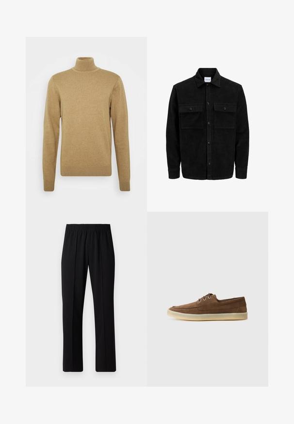 Giacca in corduroy nera con bottoni, due tasche anteriori con patta, colletto classico, maniche lunghe e texture a coste.; Maglione a collo alto beige realizzato in morbido tessuto knit. Presenta maniche lunghe e una vestibilità aderente. Dettagli a coste su orlo e colletto.; Pantaloni neri con vita elasticizzata e design a gamba dritta, caratterizzati da una texture liscia e senza motivi o hardware visibili.; Scarpe in suede marrone con profilo basso, design con lacci, suola in gomma e dettagli di cucitura a contrasto. Stile semplice e funzionale.