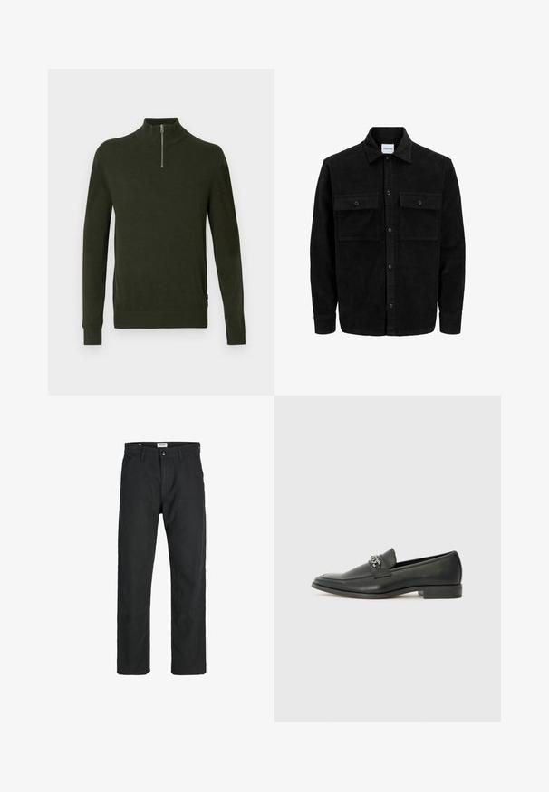 Mustmustöös nupuga jope, millel on kaks eesmist klapiga taskut ja klassikaline kaelus, pikad varrukad ning ribakujuline tekstuur.; Tumedat rohelised sviitrid kõrge kraega ja poolsiidiga lukuga. Valmistatud pehmest, tekstuuriga materjalist. Ribiga käe- ja allservad.; Mustad mustad, mis on valmistatud vastupidavast kangast, sirge jala disainiga, õmmeldud detailidega ja kahe eesmise taskuga funktsionaalsuse jaoks.; Must haveate nahkking punased, millel on sile viimistlus, tikitud muster ja dekoratiivne metallkett vampi üle. Tasane konts.