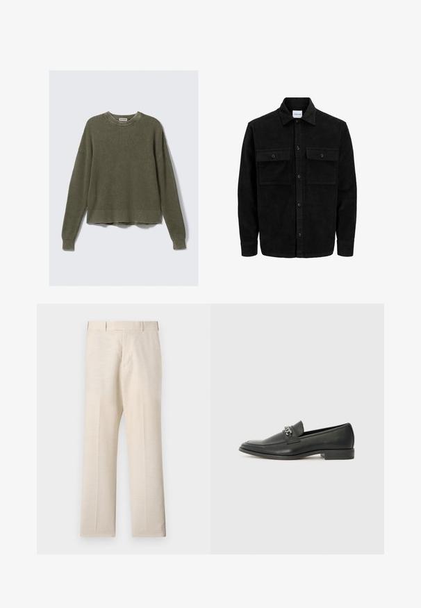Giacca in corduroy nera con bottoni, due tasche anteriori con patta, colletto classico, maniche lunghe e texture a coste.; Maglione lavorato a maglia verde oliva con scollatura rotonda a coste, spalle scese, maniche lunghe e orlo cropped. Tessuto testurizzato con motivi visibili.; Pantaloni beige realizzati in tessuto intrecciato con una superficie liscia, caratterizzati da una parte anteriore piatta, tasche laterali e gamba dritta.; Mocassino in pelle nera con finitura liscia, caratterizzato da un design cucito e da un accento decorativo in catena metallica sul vamp. Tacco piatto.