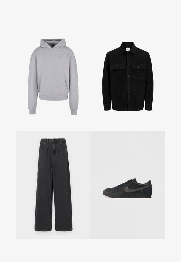 Zwarte corduroy knopenjack met twee voorste klepzakken en een klassieke kraag, lange mouwen en ribbelstructuur.; Grijze katoenen hoodie met een voorzak, een capuchon met trekkoord en ribgebreide manchetten en zoom. Heeft een zachte, gestructureerde afwerking.; Brede pijpen, hooggewaste zwarte denim broek met een sluiting met een knoop en rits aan de voorkant, voorzien van zijzakken en een soepele textuur.; Zwarte suède sneakers met een laag profiel, rubberen buitenzool, getextureerde zijpanelen en tonale Nike swoosh-logo. Vetersluiting aan de voorkant, gevoerde kraag.