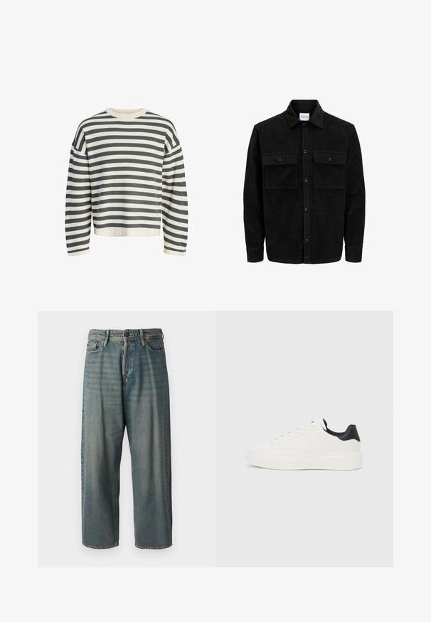 Crni kožni kord jakna na dugmad s dva prednja džepa s preklopom i klasičnim ovratnikom, dugim rukavima i rebrastom teksturom.; Prugasti pulover u krem i tamno sivoj boji, s rebrastim okruglim izrezom, dugim rukavima i opuštenim krojem s skraćenim rubom.; Svijetloplave traperice s širokim krojem, srednjim pojasom i ravnim nogavicama. Ima pet džepova, petlje za remen i kopčanje na gumb.; Bijela kožna tenisica s utisnutim uzorkom, teksturiranom bijelom potplatom i crnim naglaskom na peti. Ima zaobljen nos i ravne vezice.