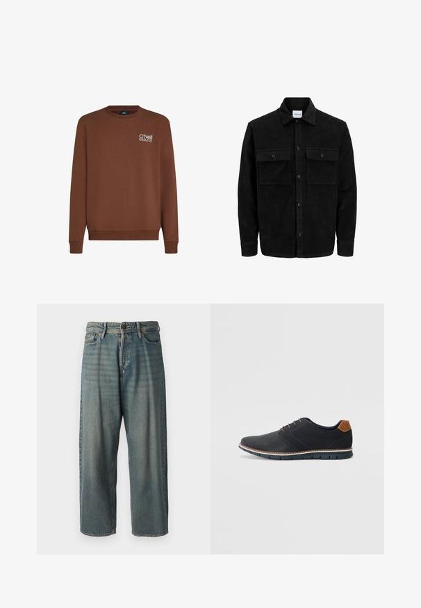 Černá kordurová košile s knoflíky, dvěma předními klopovými kapsami a klasickým límcem, dlouhými rukávy a vroubkovanou texturou.; Hnědá mikina s dlouhými rukávy a žebrovaným kulatým výstřihem. Na levé hrudi se nachází bílá vyšitá logo. Měkká látka s hladkou strukturou.; Světle modré denimové džíny s volným střihem, středně vysokým pasem a rovnými nohavicemi. Obsahují pět kapes, poutka na opasek a zapínání na knoflík.; Černé syntetické boty s texturovaným svrškem, hladkými detaily, hnědým podpatkem a kontrastní podrážkou. Obsahují minimální šněrování a švy.