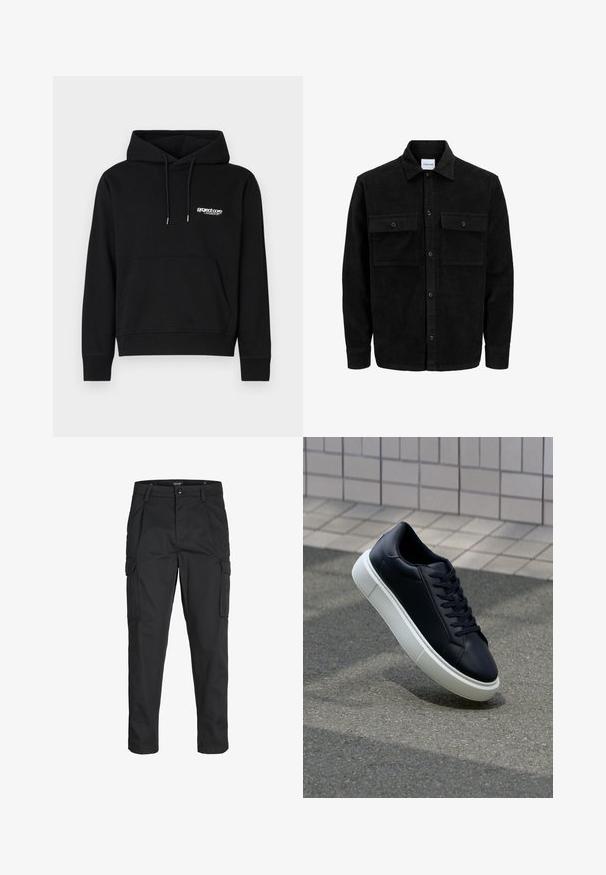 Zwarte corduroy knopenjack met twee voorste klepzakken en een klassieke kraag, lange mouwen en ribbelstructuur.; Zwarte katoenen hoodie met een voorste kanga-pocket, een capuchon met trekkoord en een klein wit logo op de borst. Ribgebreide manchetten en zoom.; Zwarte cargobroek van stevig stof, met meerdere zakken, een knoopsluiting en een slim fit ontwerp met taps toelopende benen.; Zwarte leren sneaker met een ronde neus en een witte rubberen zool. Voorzien van platte veters en minimale stiksels op het bovenwerk. Textuurrijke zool voor grip.