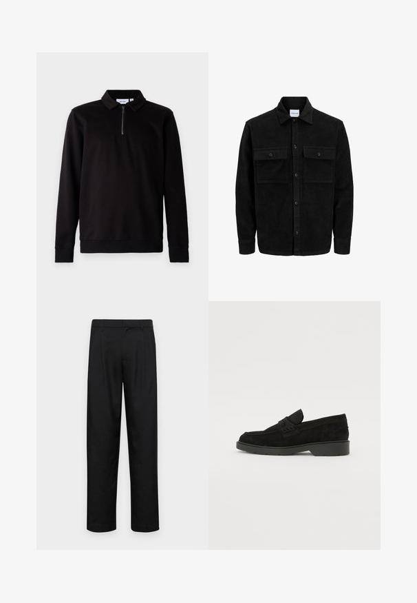 Giacca in corduroy nera con bottoni, due tasche anteriori con patta, colletto classico, maniche lunghe e texture a coste.; Maglione nero a maniche lunghe con colletto, zip diagonale frontale a un quarto e polsini e orlo a costine. Tessuto morbido con una texture liscia.; Pantaloni neri realizzati in tessuto liscio, caratterizzati da un taglio dritto, due pieghe frontali e una vita standard con passanti per la cintura.; Mocassini in suede neri con tacco basso, dotati di una semplice fascia sulla parte superiore e dettagli testurizzati lungo i lati.