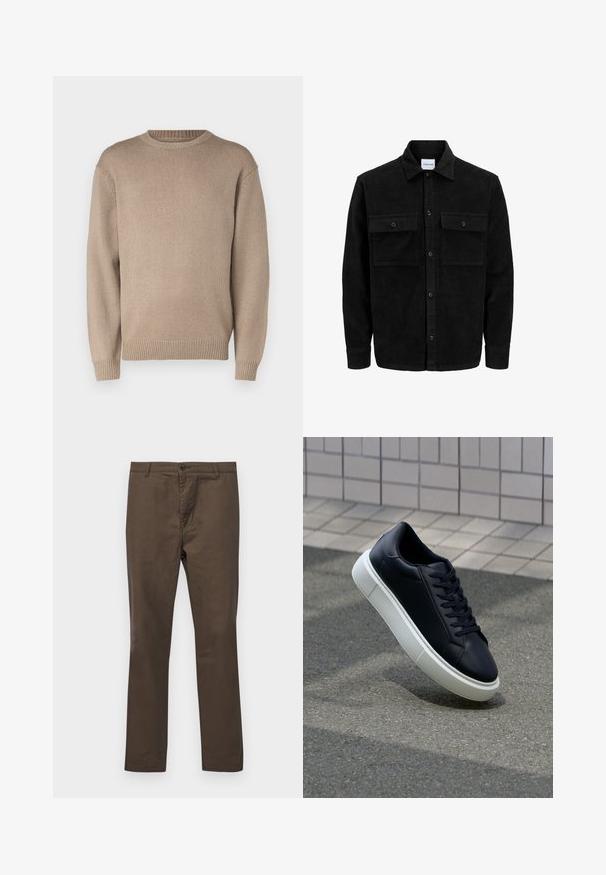 Chaqueta de pana negra con botones, dos bolsillos delanteros con solapa y un cuello clásico, mangas largas y textura acanalada.; Suéter de punto beige con cuello redondo, mangas largas y puños y dobladillo acanalados; textura suave con un patrón uniforme.; Pantalones de algodón marrón con un diseño de pierna recta, que cuentan con cierre de botón y trabillas para cinturón, textura suave sin patrones ni acentos.; Zapatilla de cuero negro con punta redonda y suela de goma blanca. Presenta cordones planos y un mínimo de costuras en la parte superior. Suela texturizada para proporcionar agarre.