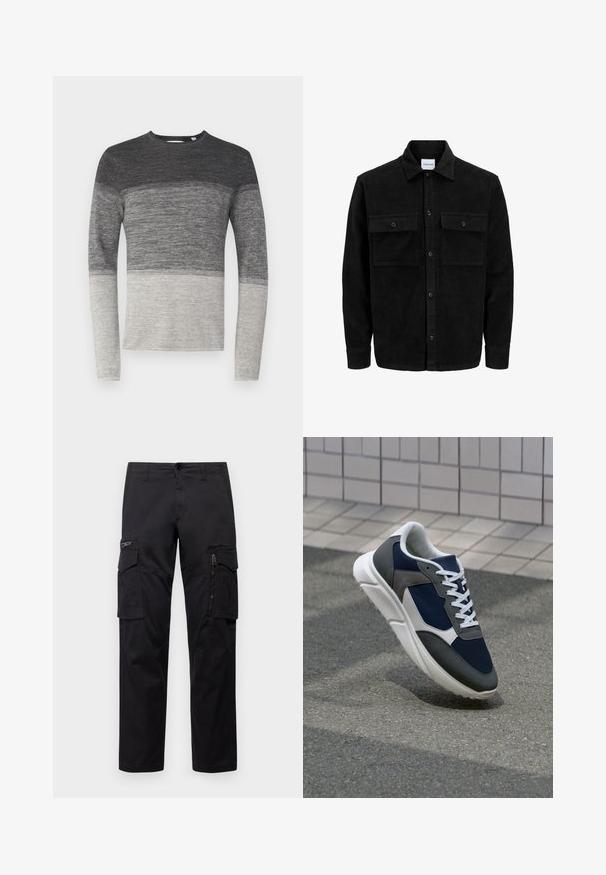 Juodas velveto mygtukų švarkas su dviem priekiniais kišenėmis su atvartais, klasikiniu apykakle, ilgomis rankovėmis ir raukšlėtu paviršiumi.; Pilkos spalvos ilgos rankovės megztinis su spalvų bloko dizainu. Savybės: megztas raštas, pereinantis nuo tamsiai pilkos iki šviesiai pilkos apačioje.; Juodos krovinių kelnės, turinčios kelis kišenes, užtrauktuku uždaromą kišenę ant šlaunies, tiesaus kirpimo ir tvirtos medvilnės audinys su nežymiu blizgesiu.; Sportiniai bateliai su tamsiai mėlynu tinkliniu viršumi, pilkais zomšiniais akcentais, balta guma padanga ir plokščiomis baltomis raištelėmis, sukurti komfortui ir oro pralaidumui.