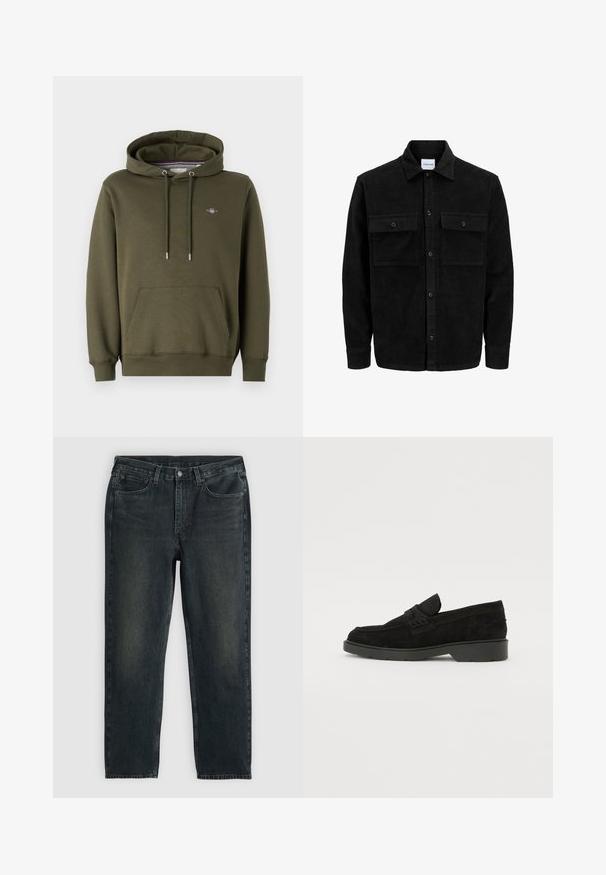 Mustmustöös nupuga jope, millel on kaks eesmist klapiga taskut ja klassikaline kaelus, pikad varrukad ning ribakujuline tekstuur.; Oliivroheline kapuutsiga sviiter, mis on valmistatud puuvilla ja sünteetilise materjali segust. Sellel on ees tasku, reguleeritavad tõmblukud ja väike logo rinnas.; Tumed sinised denim teksad sirgete sääremõõtudega, viie tasku, lukuga ja kontrastsetes õmblustes. Kanga peal on õrn kulumine.; Mustad sametist loafers madala kontsaga, millel on lihtne riba ülaservas ja tekstuuritud detailid külgedel.