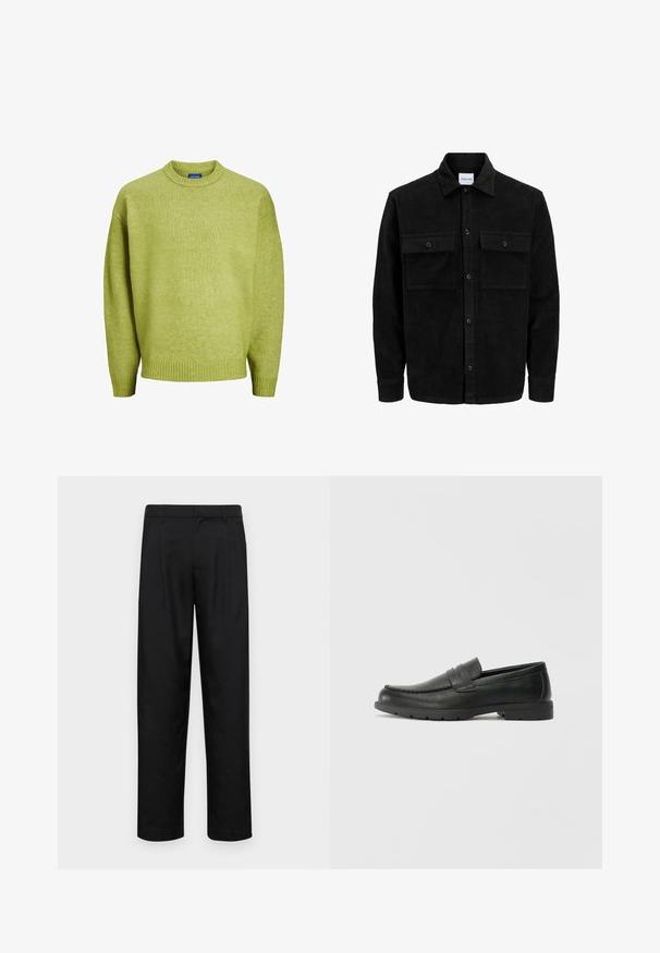 Čierna kordúrová bunda s gombíkmi, dvoma prednými vreckami so záklopkou a klasickým golierom, dlhými rukávmi a ryhovanou textúrou.; Jack & Jones JOROLLIE CREW NECK - Svetrík - lima bean green; Čierne nohavice vyrobené z hladkej tkaniny, s rovnými nohavicami, dvoma prednými skladmi a štandardným pásom s pútkami na opasok.; Čierne kožené mokasíny s hladkým povrchom, vrchnou časťou v štýle mokasín, prešitým detailom a gumovou podrážkou. Klasický dizajn s nízkym podpätkom.