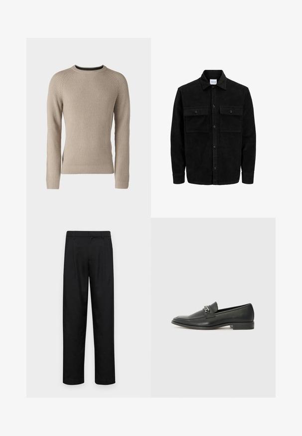 Schwarze Corduroy-Button-Up-Jacke mit zwei frontalem Klappentaschen und klassischem Kragen, langen Ärmeln und gerippter Textur.; Jack & Jones JJPANNEL  - Strickpullover - crockery; Schwarze Hose aus glattem Stoff, mit geradem Bein Design, zwei vorderen Falten und einem Standardbund mit Gürtelschlaufen.; Schwarzer Lederloafer mit glatter Oberfläche, ausgestattet mit einer gesteppten Gestaltung und einem dekorativen Metallkettendetail über dem Vorderblatt. Flacher Absatz.