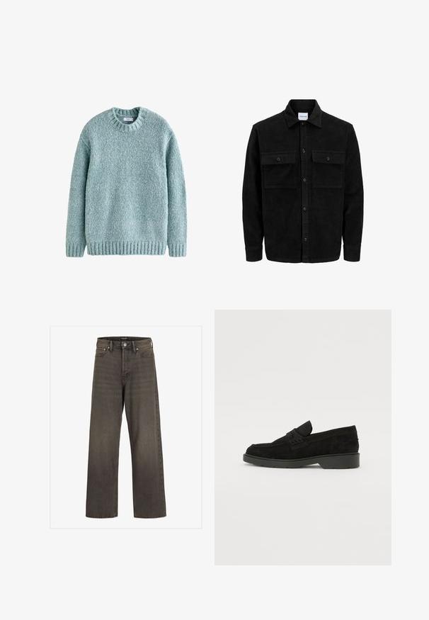 Giacca in corduroy nera con bottoni, due tasche anteriori con patta, colletto classico, maniche lunghe e texture a coste.; Maglione lavorato a maglia di un colore verde chiaro con scollo rotondo, polsi e orlo a costine. Realizzato in filato testurizzato, presenta un design accogliente adatto per l'abbigliamento informale.; Jeans a gamba larga in denim grigio scuro, con vita alta, design classico a cinque tasche e cuciture a contrasto lungo le cuciture.; Mocassini in suede neri con tacco basso, dotati di una semplice fascia sulla parte superiore e dettagli testurizzati lungo i lati.