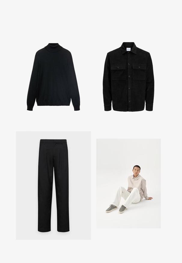 Crni kožni kord jakna na dugmad s dva prednja džepa s preklopom i klasičnim ovratnikom, dugim rukavima i rebrastom teksturom.; Crni pulover s visokim ovratnikom, dugim rukavima i rebrastim manžetama i donjim rubom. Izrađen od mekog, rastezljivog materijala s glatkom teksturom.; Crne hlače od glatkog materijala, s dizajnom ravnih nogavica, dva prednja nabora i standardnim pojasom s petljama za remen.; Bež košulja na dugih rukava, bijele hlače i sive tenisice. Košulja ima slobodan kroj, a tenisice imaju teksturiranu površinu i vezice.
