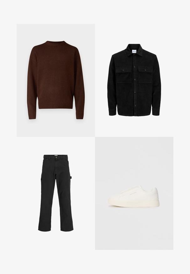 Melnas kordūru pogu jaka ar divām priekšējām atloka kabatām un klasisku apkakli, garām piedurknēm un ribotu tekstūru.; Brūns adīts džemperis ar apaļu kakla izgriezumu, garām piedurknēm un ribotām aprocēm. Materiāls ir teksturēts, nodrošinot mīkstu izskatu.; Melnas cargo bikses no kokvilnas maisījuma auduma. Iekļauj plašas kājas, priekšējās slīpās kabatas un sānu kabatu ar cilpu aksesuāriem.; Baltas slip-on sporta apavi ar teksturētu virsmu, biezu zoli un minimālistisku dizainu. Sānos redzams zīmola logotips.