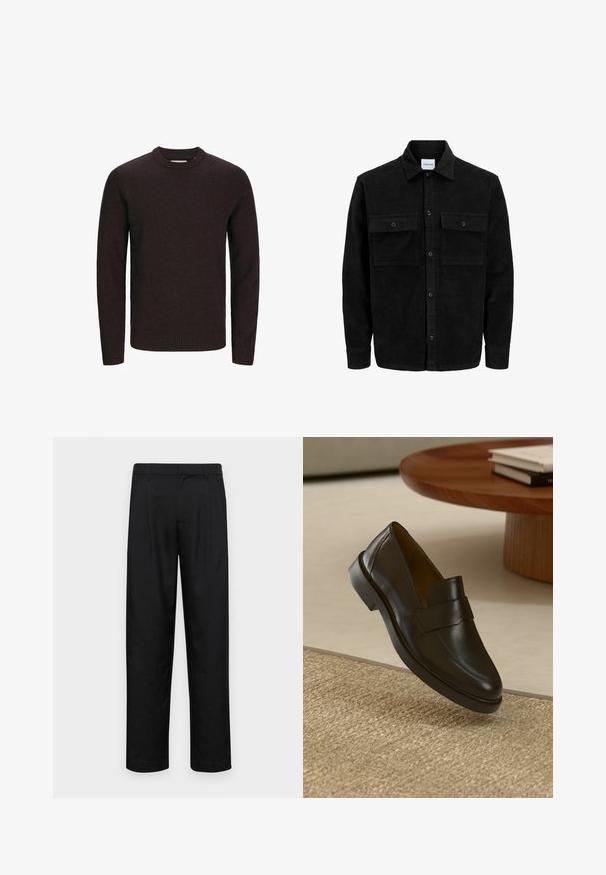 Schwarze Corduroy-Button-Up-Jacke mit zwei frontalem Klappentaschen und klassischem Kragen, langen Ärmeln und gerippter Textur.; Brauner Rundhalsausschnitt-Pullover aus weichem Strickstoff. Mit langen Ärmeln und einem gerippten Saum und Bündchen für eine enge Passform. Einfaches, einfarbiges Design.; Schwarze Hose aus glattem Stoff, mit geradem Bein Design, zwei vorderen Falten und einem Standardbund mit Gürtelschlaufen.; Schwarzer Lederloafer mit glatter Oberfläche, abgerundetem Zeh und dekorativem Riemen über dem oberen Teil. Niedriger Gummihacken, platziert auf einer strukturierten Oberfläche.