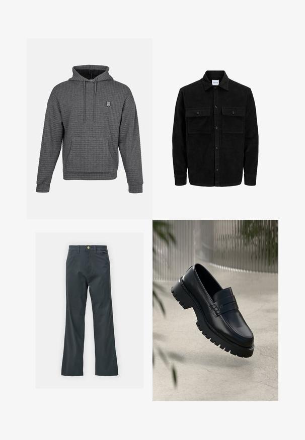 Čierna kordúrová bunda s gombíkmi, dvoma prednými vreckami so záklopkou a klasickým golierom, dlhými rukávmi a ryhovanou textúrou.; Šedá mikina s textúrovaným dizajnom vaflového pletenia. Obsahuje prednú kapsu, nastaviteľnú šnúrku na kapucni a malé vyšívané logo.; Čierne nohavice so straight leg strihom, vyrobené z bavlnenej zmesi. Majú kovové zapínanie a bočné vrecká. Bez viditeľných vzorov.; Čierne kožené loafery s robustnou podrážkou, s dekoratívnym pásikom a prešívaním. Hladký povrch s lesklým finišom.