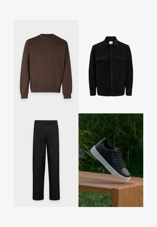 Zwarte corduroy knopenjack met twee voorste klepzakken en een klassieke kraag, lange mouwen en ribbelstructuur.; Bruine crewneck sweatshirt gemaakt van een zachte katoenmix. Voorzien van geribbelde manchetten en zoom, eenvoudig ontwerp zonder patronen of versieringen.; Zwarte broeken van gladde stof, met een recht model, twee voorknikken en een standaard tailleband met riemlussen.; Zwarte leren sneaker met een gladde textuur, witte rubberen zool en zes oogjes voor veter, weergegeven op een houten oppervlak.