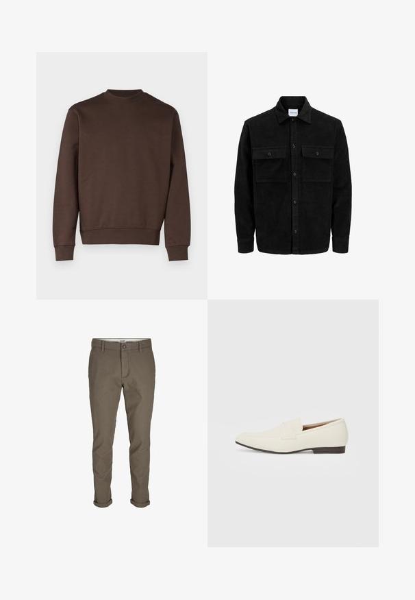 Giacca in corduroy nera con bottoni, due tasche anteriori con patta, colletto classico, maniche lunghe e texture a coste.; Felpa a girocollo marrone realizzata in un morbido misto cotone. Presenta polsini e orlo ribattuti, design semplice senza motivi o decorazioni.; Pantaloni tapered color khaki realizzati in tessuto misto cotone. Presentano una chiusura con zip, bottone e orli arrotolati. Superficie testurizzata con un leggero lucido.; Mocassini beige chiaro con punta affusolata, materiale liscio, una fascia sulla tomaia e una suola bassa marrone. Design semplice con accenti minimi.