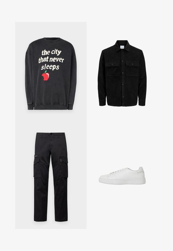 Crni kožni kord jakna na dugmad s dva prednja džepa s preklopom i klasičnim ovratnikom, dugim rukavima i rebrastom teksturom.; Crni dukserica s bijelim tekstom koji glasi "grad koji nikad ne spava" i grafikom crvene jabuke s ugrizom.; Crne cargo hlače s više džepova, zatvorenim džepom na bedru, ravnog kroja i čvrstog pamuka s blagim sjajem.; Bijele tenisice od glatke kože s okruglim vrhom, šavovima i ravnim gumenenim potplatom. Minimalistički dizajn s vezanjem.