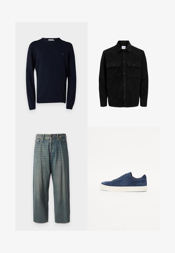 Černá kordurová košile s knoflíky, dvěma předními klopovými kapsami a klasickým límcem, dlouhými rukávy a vroubkovanou texturou.; Námořnická modrá pletená svetr s dlouhými rukávy, kulatým výstřihem a malým logem na hrudi. Hladká textura a přiléhavý design.; Světle modré denimové džíny s volným střihem, středně vysokým pasem a rovnými nohavicemi. Obsahují pět kapes, poutka na opasek a zapínání na knoflík.; Námořnické modré semišové tenisky s kulatou špičkou, pěti očky, bílou gumovou podrážkou a minimalistickým designem. Hladký povrch, žádné viditelné vzory.