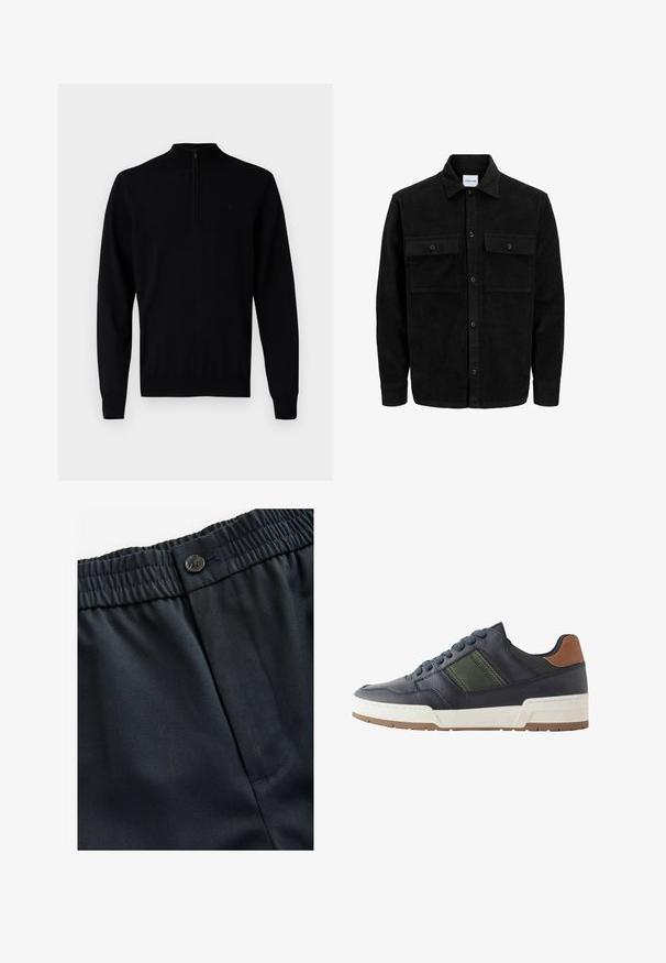 Črna kordurojska jakna z gumbi, z dvema sprednjima žepoma z zavihkom in klasičnim ovratnikom, dolgimi rokavi ter rebrasto teksturo.; Črn pulover s visokim ovratnikom in kratkim zadrgo. Tkanina deluje gladko z rebrastimi manšetami in robom. Minimalističen dizajn.; Mornarsko modra, lahka tkanina z gladko teksturo. Ima elastičen pas z gumbom in enostransko žep.; Mornarsko modre usnjene teniske z zelenim poudarkom, belim srednjim delom in rjavim petnim delom. Imajo okroglo konico in teksturiran podplat iz gume.