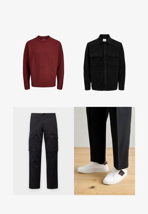 Schwarze Corduroy-Button-Up-Jacke mit zwei frontalem Klappentaschen und klassischem Kragen, langen Ärmeln und gerippter Textur.; Roter Strickpullover mit Rundhalsausschnitt, gerippten Bündchen und Saum, aus strukturiertem Stoff. Die Silhouette ist locker und oversized.; Schwarze Cargo-Hosen mit mehreren Taschen, einer Reißverschlusstasche am Oberschenkel, geradem Schnitt und strapazierfähigem Baumwollstoff mit leichtem Glanz.; Weiße Sneakers mit glatter Textur, versehen mit braunen Lederakzenten und schwarzen Details, kombiniert mit schwarzen maßgeschneiderten Hosen. Hintergrund aus Holzboden.