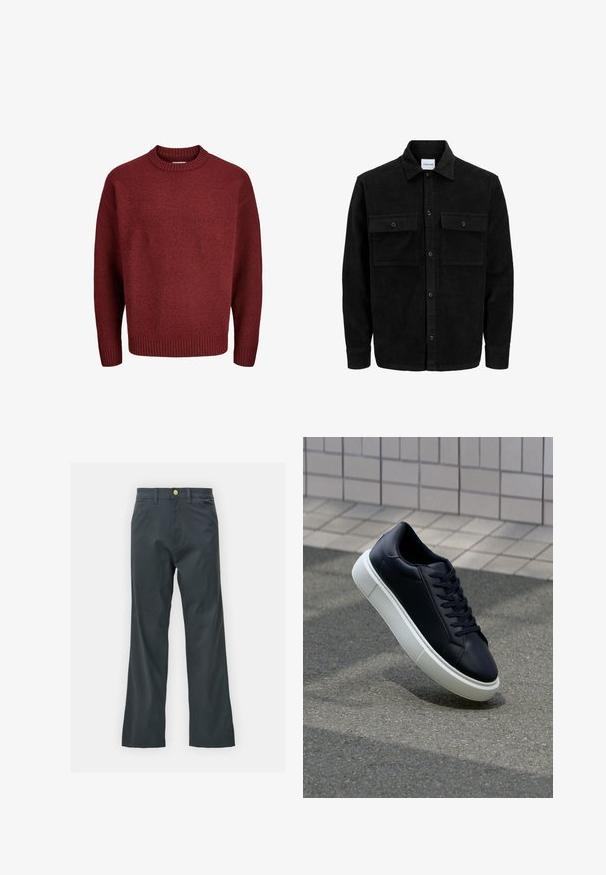 Melnas kordūru pogu jaka ar divām priekšējām atloka kabatām un klasisku apkakli, garām piedurknēm un ribotu tekstūru.; Sarkanais adītais krekls ar apaļu kakla izgriezumu, ribota apakšmala un piedurknes, kas iezīmējas ar teksturētu audumu. Siluets ir brīvs un lielo izmēru.; Melnas bikses ar taisnu kāju griezumu, izgatavotas no kokvilnas maisījuma auduma. Tām ir metāla pogas aizdare un sānu kabatas. Nav redzamu rakstu.; Melnas ādas kedas ar noapaļotu pirkstu un baltu gumijas zoli. Iespējas - plakanas šņorītes un minimāla apdare augšdaļā. Struktūrēta zole, lai nodrošinātu saķeri.