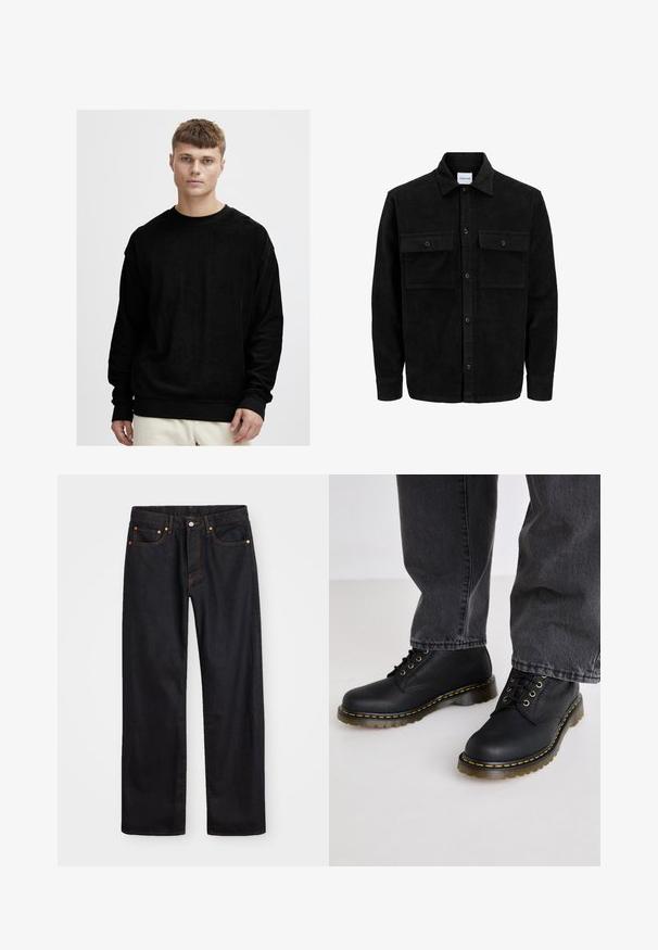 Giacca in corduroy nera con bottoni, due tasche anteriori con patta, colletto classico, maniche lunghe e texture a coste.; Felpa nera a maniche lunghe in morbido tessuto testurizzato. Presenta un collo a giro e polsini e orlo a coste neri a contrasto.; Jeans neri in denim dritto da uomo con cinque tasche e cuciture arancioni, chiusura con bottone e zip sulla vita anteriore.; Stivali neri in pelle lacciati con finitura testurizzata, suola in gomma spessa e accenti di cucitura gialla, abbinati a pantaloni di denim grigi.