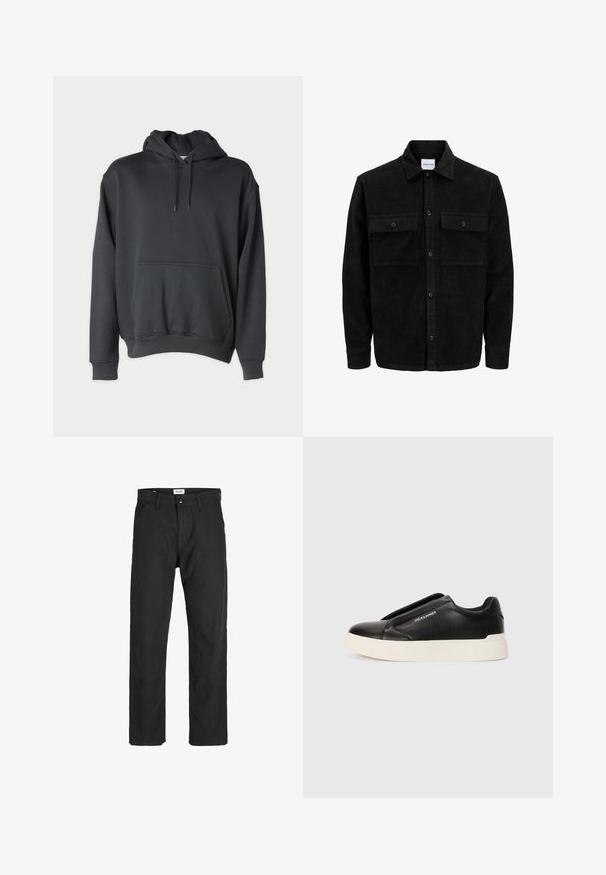Jachetă din catifea neagră, cu butoni, două buzunare frontale cu clapetă și un guler clasic, mâneci lungi și textură ribbed.; Hanorac gri închis, confecționat dintr-un material moale, având o buzunar frontal, șnururi la glugă și manșete și tiv cu dublu răsucit.; Pantaloni negri dintr-un material durabil, cu un design cu picior drept, accente cusute și două buzunare frontale pentru funcționalitate.; Tenis negri slip-on cu upper din piele texturată, talpă din cauciuc alb și fără șireturi vizibile. Prezintă logo-ul mărcii pe lateral.