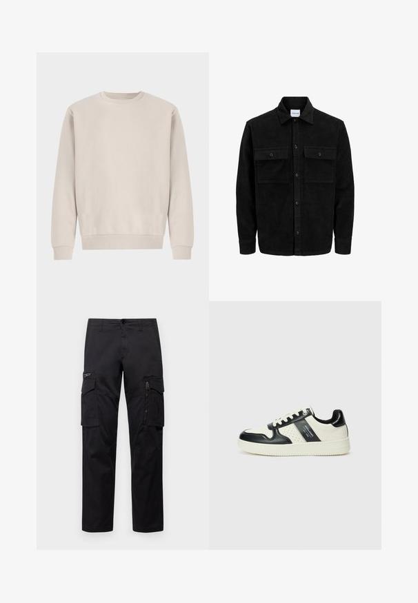 Schwarze Corduroy-Button-Up-Jacke mit zwei frontalem Klappentaschen und klassischem Kragen, langen Ärmeln und gerippter Textur.; Beige Sweatshirt mit Rundhalsausschnitt aus weicher Baumwolle, mit einem lockeren Schnitt, Rippbündchen und -saum, ohne sichtbare Muster oder Beschläge.; Schwarze Cargo-Hosen mit mehreren Taschen, einer Reißverschlusstasche am Oberschenkel, geradem Schnitt und strapazierfähigem Baumwollstoff mit leichtem Glanz.; Leder-Sneaker in Schwarz- und Cremetönen, mit perforierten Akzenten, einem gepolsterten Kragen und einer strukturierten Laufsohle.