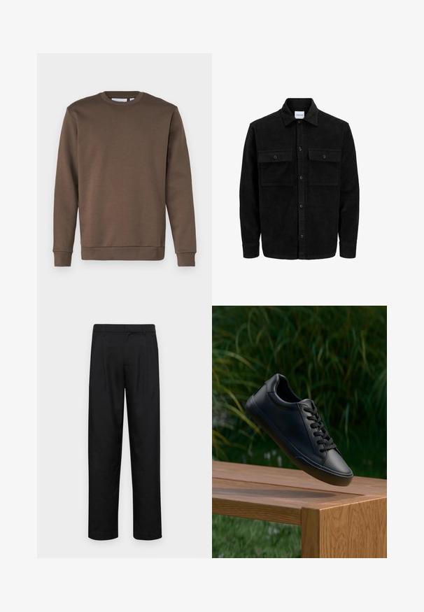 Melnas kordūru pogu jaka ar divām priekšējām atloka kabatām un klasisku apkakli, garām piedurknēm un ribotu tekstūru.; Only & Sons ONSCERES CREW NECK NOOS - Ikdienas džemperis - major brown; Melnas bikses, izgatavotas no gludas auduma, ar taisnu kāju dizainu, divām priekšējām krokām un standarta jostu, kurai ir āķi.; Melnas ādas sporta apavi ar gludu tekstūru, apaļu purngalu un plakanu šņorēšanu, novietoti virs koka virsmas ar zaļām zālēm fonā.