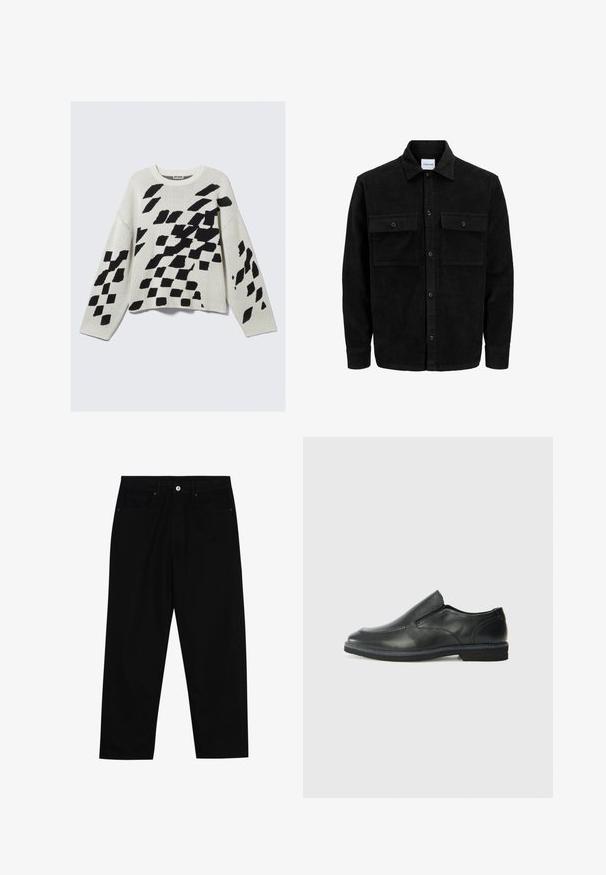 Jachetă din catifea neagră, cu butoni, două buzunare frontale cu clapetă și un guler clasic, mâneci lungi și textură ribbed.; Pulover tricotat de culoare bej deschis, cu modele geometrice negre. Are un guler rotund, mâneci lungi și o croială lejeră.; Pantaloni negri din denim cu croială dreaptă, design cu cinci buzunare și închidere frontală cu nasture. Textură netedă cu detalii de cusătură minime.; Pantof de piele neagră, tip slip-on, cu un superior neted, accente cusute, vârf rotunjit și un toc jos din cauciuc. Talpa are un profil minim de aderență.