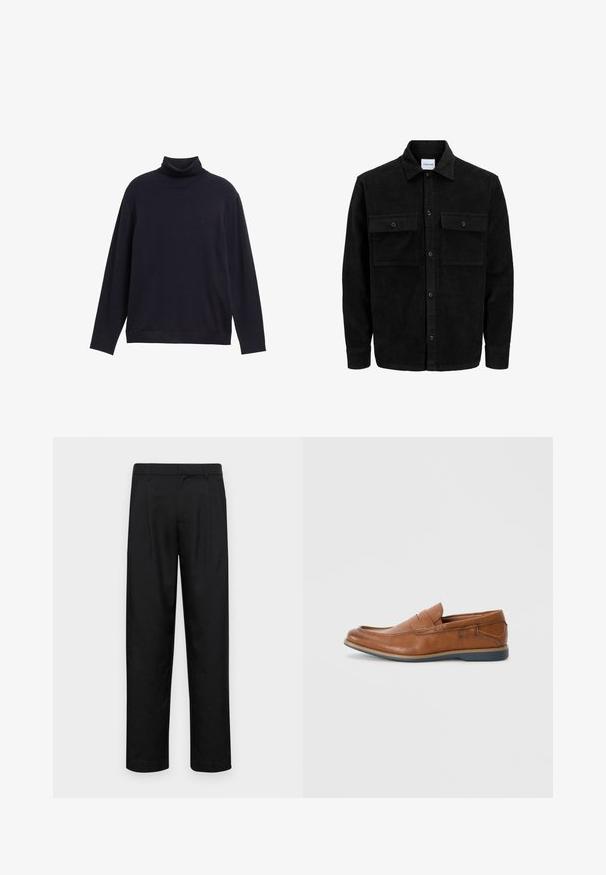 Melnas kordūru pogu jaka ar divām priekšējām atloka kabatām un klasisku apkakli, garām piedurknēm un ribotu tekstūru.; Jūras spēku turtlenecks džemperis, kas izgatavots no gludas adītas auduma, ar garām piedurknēm un brīvu piegriezumu. Mazs logo uz krūtīm.; Melnas bikses, izgatavotas no gludas auduma, ar taisnu kāju dizainu, divām priekšējām krokām un standarta jostu, kurai ir āķi.; Brūnas ādas loafers ar apaļu purngalu, ar šuvēm un zemu gumijas zoli. Dizainā ir josla pāri augšējai daļai.