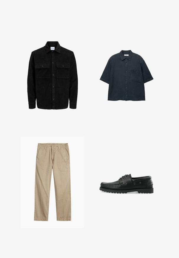 Mustat corduroy-nappi takki, jossa on kaksi etupistotaskua ja klassinen kaulus, pitkät hihat ja ribattu pinta.; Tummansininen lyhythihainen nappipaita, joka on valmistettu kevyestä kankaasta. Paidassa on rintatasku ja klassinen kaulusk design.; Beige suorat lahkeet chinosit vyölenkkeillä, etupainike- ja vetskarikiinnitys sekä viistot etutaskut.; Mustat nahkaveneilykengät, joissa on teksturoidut pinnat, nauhakiinnitys, kumipohja, jossa on pito, ja metalliset silmukat sivuilla.