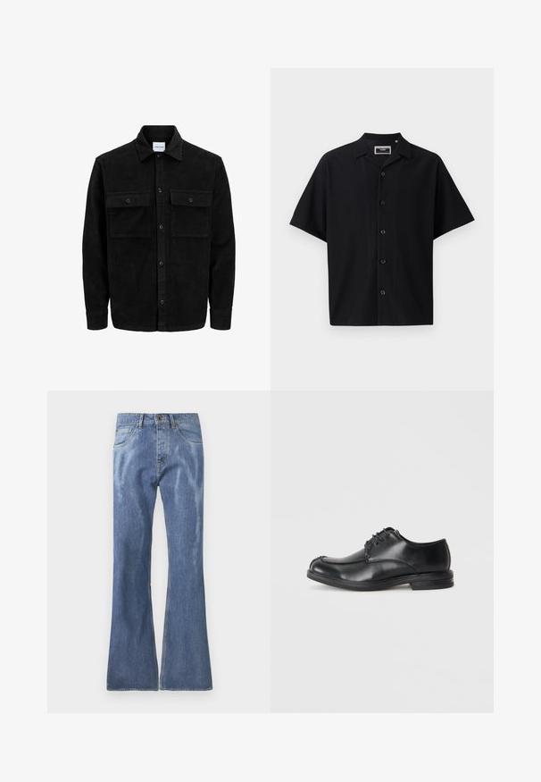 Chaqueta de pana negra con botones, dos bolsillos delanteros con solapa y un cuello clásico, mangas largas y textura acanalada.; Camisa negra de manga corta con botones, con un diseño texturizado de canalé, que presenta un cuello y cinco botones en la parte delantera, hecha de un tejido suave.; Jeans acampanados de denim azul claro con cintura de altura media, diseño de cinco bolsillos y detalles de costura visibles. Textura suave con ligero desgaste.; Zapatos de cuero negro con cordones y puntera redondeada, de textura suave y tacón bajo. Presentan detalles de costura a lo largo de la parte superior y los lados.