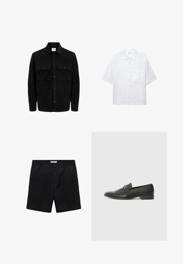 Mustat corduroy-nappi takki, jossa on kaksi etupistotaskua ja klassinen kaulus, pitkät hihat ja ribattu pinta.; Valkoinen lyhythihainen paita nappikiinnityksellä, kauluksella ja yhdellä rintataskulla. Valmistettu kevyestä kankaasta, jossa on sileä rakenne.; Mustat shortsit pehmeästä kankaasta, joissa on napin suljenta, tasainen etuosa ja sivutaskut. Vakiomittainen istuvuus ja sileä pinta.; Musta nahkakengät, joissa on sileä pinta, koristeelliset ompeleet ja metalliketjun yksityiskohta kengän päällä. Littee korko.