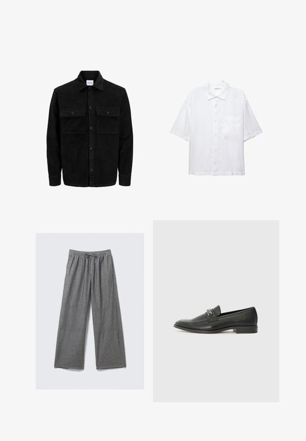 Czarna kurtka z korduru z guzikami, z dwoma przednimi kieszeniami na klapki oraz klasycznym kołnierzem, długimi rękawami i ryżowym splotem.; Biała koszula z krótkim rękawem, z zapięciem na guziki z przodu, kołnierzykiem i jedną kieszenią na piersi. Wykonana z lekkiego materiału o gładkiej fakturze.; Szare spodnie z szerokimi nogawkami wykonane z lekkiego materiału, z elastycznym pasem z sznurkiem i subtelnymi detalami haftu po bokach.; Czarne skórzane mokasyny o gładkim wykończeniu, z haftowanym wzorem i dekoracyjnym akcentem z metalowego łańcucha na wierzchu. Płaska pięta.