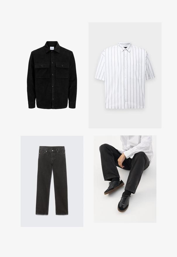 Zwarte corduroy knopenjack met twee voorste klepzakken en een klassieke kraag, lange mouwen en ribbelstructuur.; Korte mouwen overhemd met knopen in het wit met dunne verticale grijze strepen. Heeft een borstzak en een klassieke kraag. Gladde katoenen stof.; Zwarte spijkerbroek met rechte pijpen in denim met een klassiek vijf-pocket ontwerp, voorzien van oranje stiksels en een ritssluiting.; Zwarte sneakers met een glad en textuur detail, voorzien van een rubberen zool en donkere veters. Gecombineerd met zwarte jeans en een wit gestreept shirt.