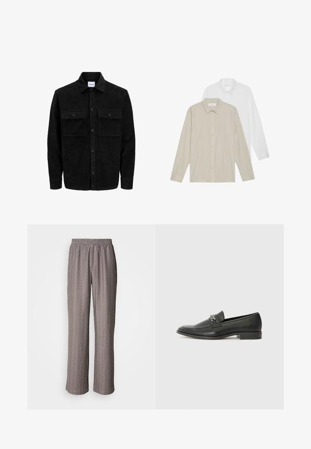 Sort fløjl button-up jakke med to frontlommer og klassisk krave, lange ærmer og ribbet tekstur.; To lange ærmede skjorter: en i hvidt stof, den anden i beige med tynde lodrette striber. Begge har knap- og manchetter.; Bredde bukser lavet af letvægtsstof med et sort-hvidt geometrisk mønster og en elastisk talje.; Sorte læder loafers med en glat finish, der har et syet design og et dekorativt metal kædeaccent hen over vamps. Flad hæl.