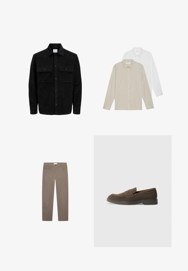 Veste en velours côtelé noire à boutons, avec deux poches à rabat à l'avant et un col classique, des manches longues et une texture côtelée.; Deux chemises à manches longues : l'une en tissu blanc, l'autre en beige avec de fines rayures verticales. Les deux présentent des cols et des poignets boutonnés.; Pantalons marron à coupe droite, dotés de poches avant et de surpiqûres le long des côtés pour un détail et une texture supplémentaires.; Mocassin en daim marron avec un bout arrondi, une sangle sur le devant et une semelle en caoutchouc plate. Design simple avec des lignes épurées et un minimum de détails.