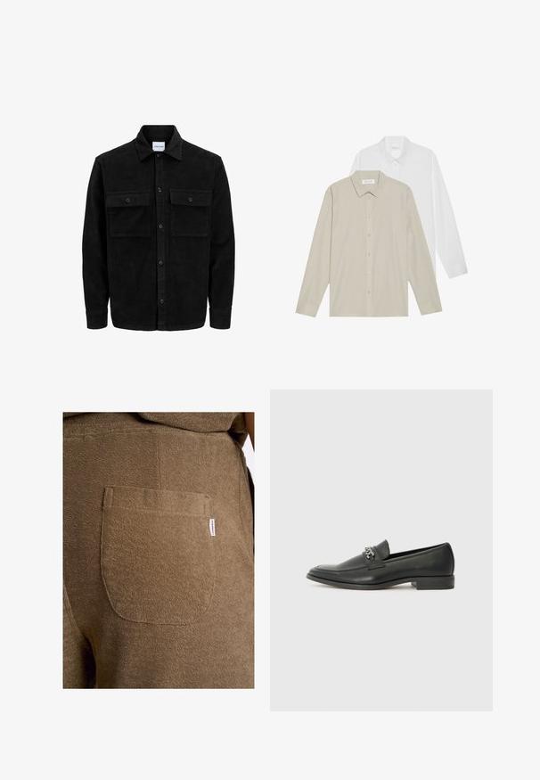 Svart kordflodjacka med knappar, två framfickor med klaff och klassisk krage, långa ärmar och ribbad textur.; Två långärmade skjortor: en i vitt tyg och den andra i beige med tunna vertikala ränder. Båda har knäppbara kragar och manschetter.; Lindbergh W. ELASTIC WAIST - Träningsbyxor - dk stone; Svart läderloafers med en slät yta, med en sydd design och en dekorativ metallkedjeaccent över västen. Platt häldesign.