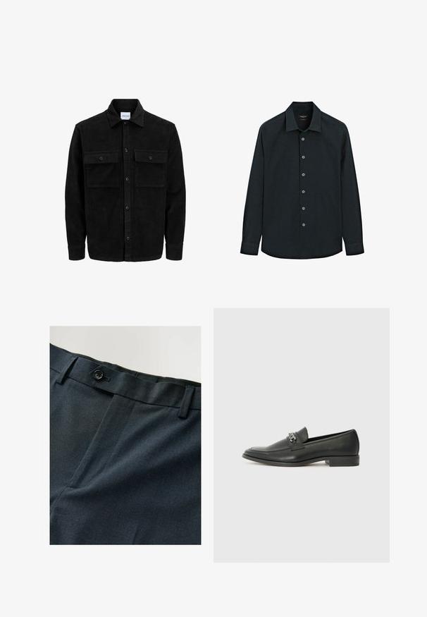 Schwarze Corduroy-Button-Up-Jacke mit zwei frontalem Klappentaschen und klassischem Kragen, langen Ärmeln und gerippter Textur.; Schwarzes langärmliges Hemd mit Knopfverschluss und Kragen, sieben Knöpfe auf der Vorderseite und Manschetten, auf weißem Hintergrund präsentiert.; Navyblaue Hosen aus strukturiertem Stoff, mit einem einzelnen Knopfverschluss und flachem Frontdesign. Ein dezentes Muster sorgt für visuelles Interesse.; Schwarzer Lederloafer mit glatter Oberfläche, ausgestattet mit einer gesteppten Gestaltung und einem dekorativen Metallkettendetail über dem Vorderblatt. Flacher Absatz.