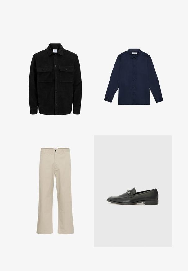 Crni kožni kord jakna na dugmad s dva prednja džepa s preklopom i klasičnim ovratnikom, dugim rukavima i rebrastom teksturom.; Mornarsko plava košulja dugih rukava od glatkog materijala, s prednjim dijelom na gumbe, ovratnikom i kontrastnim uzorkovanim unutrašnjim dijelom.; Bež hlače širokih nogavica od pamuka, s prednjim zatvaranjem na dugme, petljama za remen i glatkom, neukrasnom završnom obradom.; Crna kožna loafer cipela s glatkom finišem, s ušivenim uzorkom i dekorativnim metalnim lancem preko prednjeg dijela. Ravni potplat.