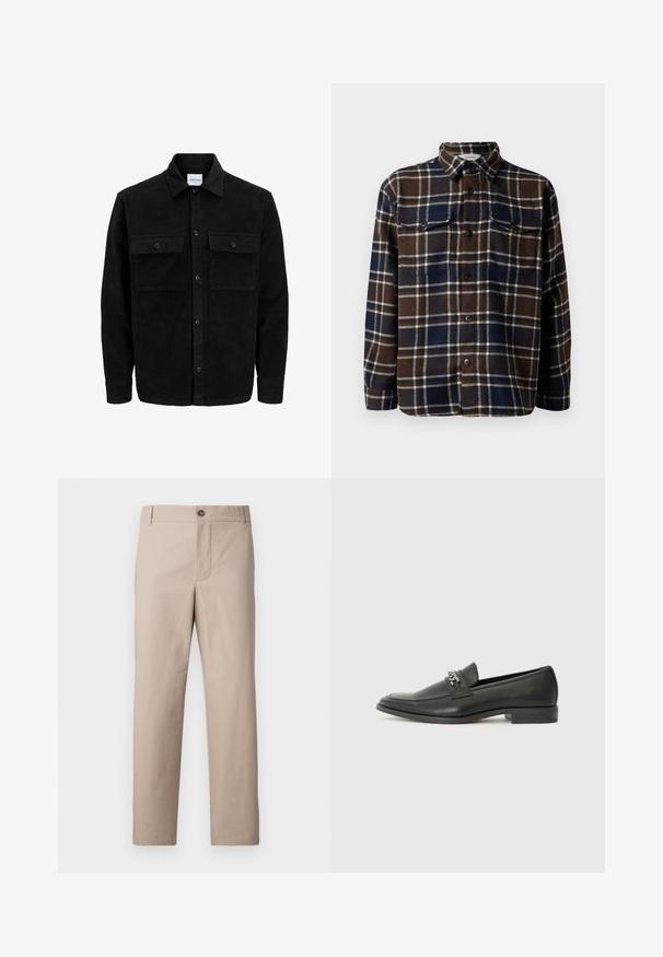 Mustmustöös nupuga jope, millel on kaks eesmist klapiga taskut ja klassikaline kaelus, pikad varrukad ning ribakujuline tekstuur.; Prune ja tumesinise ruudulise flanellist särk, millel on nööpidega esiosa, kaks rinnataskut ja klassikaline krae. Pehme tekstuur ja keskmine kaal.; Beežid puuvillased püksid sirge lõikega, millel on tõmblukuga haare ja nööpkinnitus. Sile tekstuur, esipõlved ja minimalistlik disain.; Must haveate nahkking punased, millel on sile viimistlus, tikitud muster ja dekoratiivne metallkett vampi üle. Tasane konts.