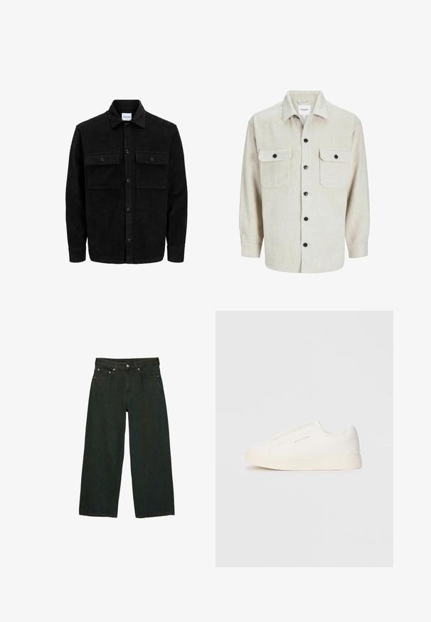 Černá kordurová košile s knoflíky, dvěma předními klopovými kapsami a klasickým límcem, dlouhými rukávy a vroubkovanou texturou.; Bežová flanelová košile s límcem, obsahující dvě náprsní kapsy, černé knoflíky a dlouhé rukávy s zapínáním na knoflíky.; Tmavě zelené široké džíny vyrobené z denimu; mají přední knoflík a zip, pět kapes a jemné variace textury.; Bílé slip-on tenisky s texturovaným povrchem, silnou podešví a minimalistickým designem. Na boku je umístěno logo značky.